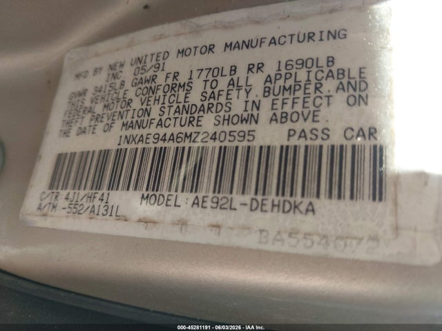 45281191 :رقم المزاد ، 1NXAE94A6MZ240595 vin ، 1991 Toyota Corolla Dlx مزاد بيع