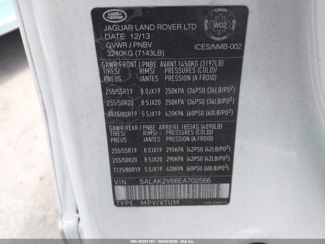 Aukcja sprzedaży 2014 Land Rover Lr4, vin: SALAK2V66EA702566, numer aukcji: 45281197