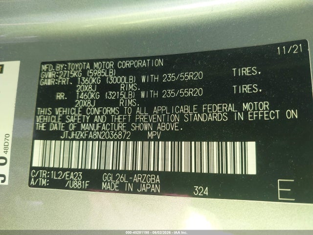 Aukcja sprzedaży 2022 Lexus Rx 350l, vin: JTJHZKFA8N2036872, numer aukcji: 45281198