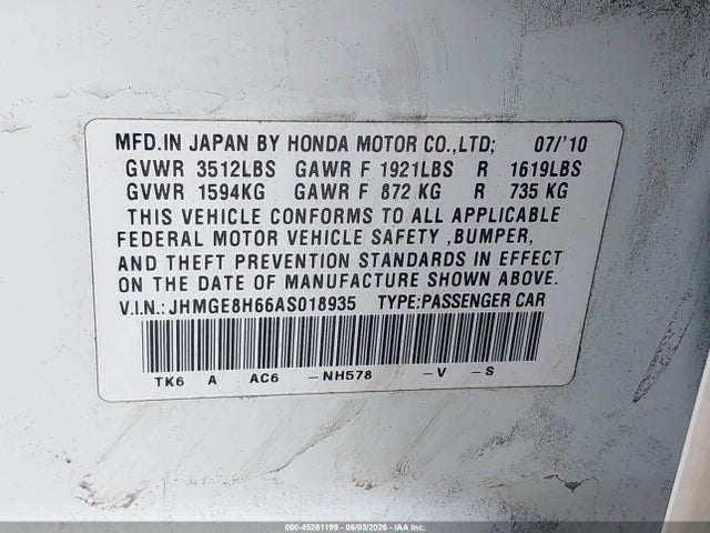 Продажа на аукционе авто 2010 Honda Fit Sport, vin: JHMGE8H66AS018935, номер лота: 45281199