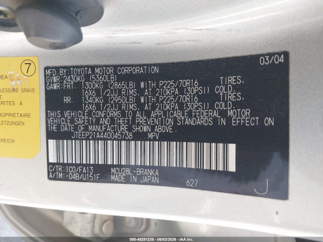 45281238 :رقم المزاد ، JTEEP21A440045738 vin ، 2004 Toyota Highlander V6 مزاد بيع