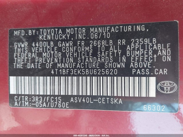 2011 Toyota Camry Se მანქანა იყიდება აუქციონზე, vin: 4T1BF3EK5BU625620, აუქციონის ნომერი: 45281245