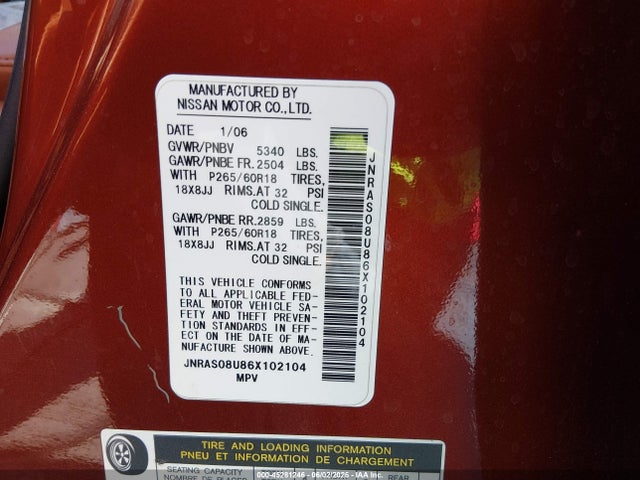 Aukcja sprzedaży 2006 Infiniti Fx35, vin: JNRAS08U86X102104, numer aukcji: 45281246