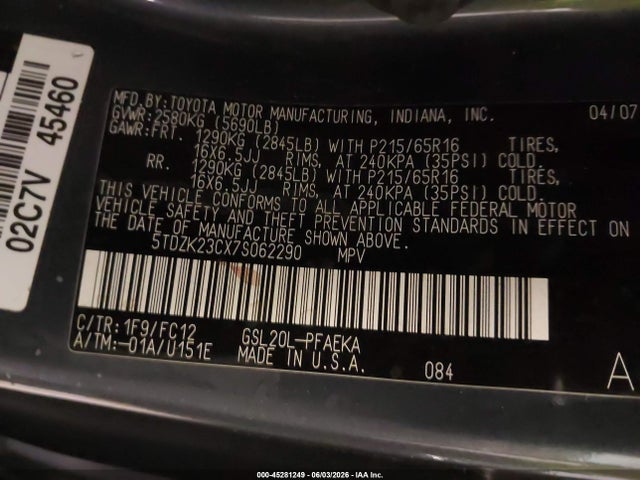 Aukcja sprzedaży 2007 Toyota Sienna Le, vin: 5TDZK23CX7S062290, numer aukcji: 45281249
