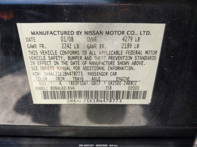 45281257 :رقم المزاد ، 1N4AL21E18N478773 vin ، 2008 Nissan Altima 2.5 S مزاد بيع