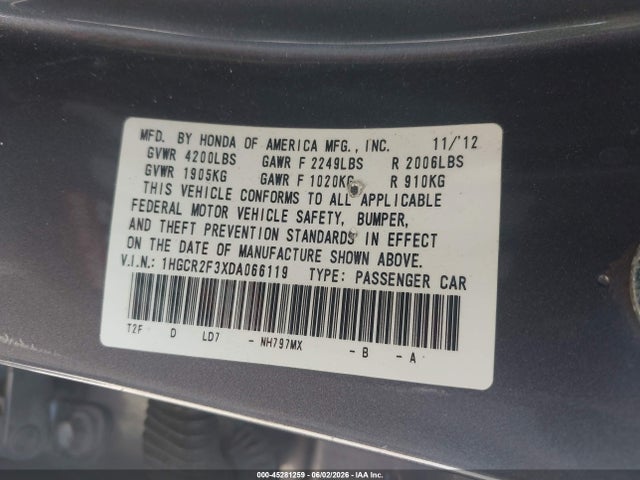 Aukcja sprzedaży 2013 Honda Accord Lx, vin: 1HGCR2F3XDA066119, numer aukcji: 45281259