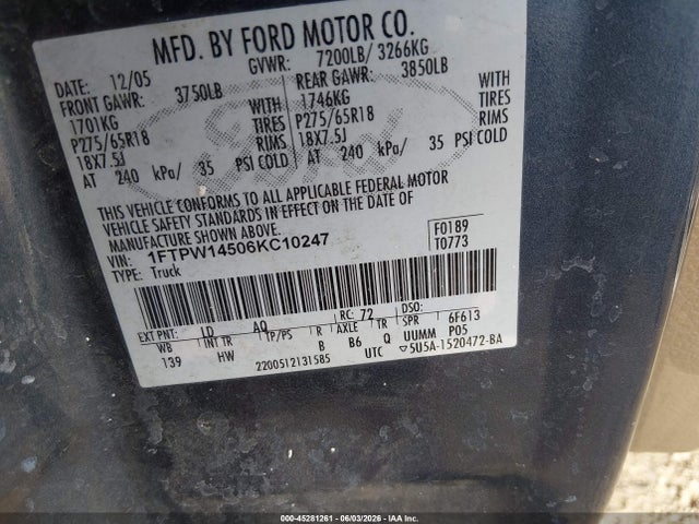 45281261 :رقم المزاد ، 1FTPW14506KC10247 vin ، 2006 Ford F-150 Fx4/lariat/xlt مزاد بيع
