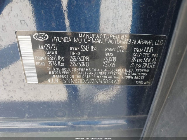 45281267 :رقم المزاد ، 5NMS1DAJ2NH385461 vin ، 2022 Hyundai Santa Fe Se مزاد بيع