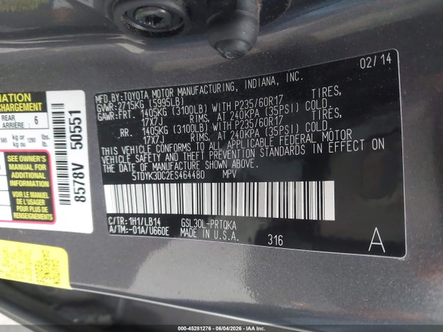 5TDYK3DC2ES464480 Toyota Sienna Xle V6 8 Passenger