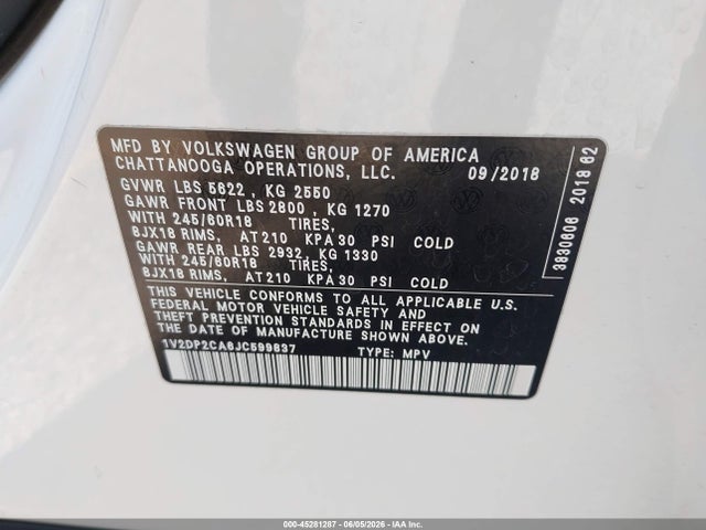 Aukcja sprzedaży 2018 Volkswagen Atlas 2.0t Se/2.0t Se W/technology, vin: 1V2DP2CA6JC599837, numer aukcji: 45281287