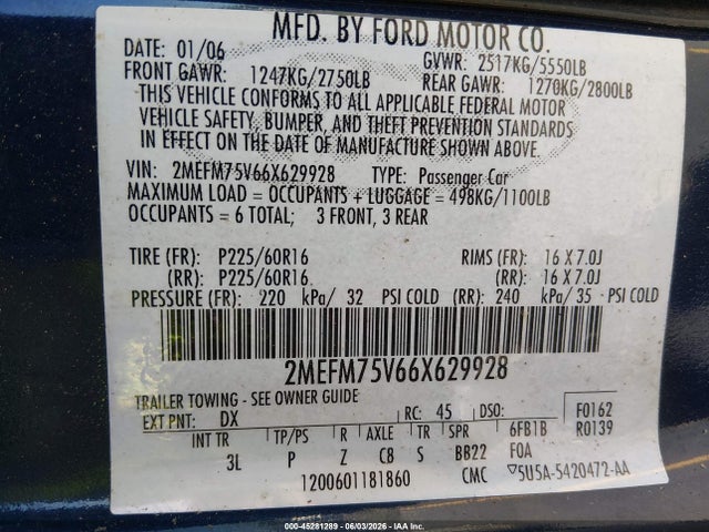 2006 Mercury Grand Marquis Ls მანქანა იყიდება აუქციონზე, vin: 2MEFM75V66X629928, აუქციონის ნომერი: 45281289