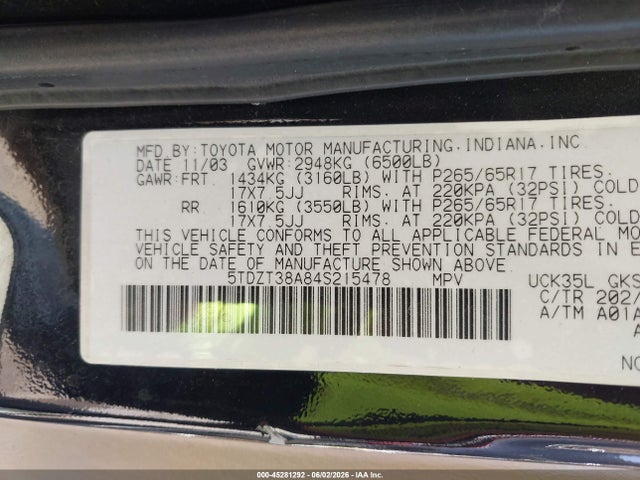 45281292 :رقم المزاد ، 5TDZT38A84S215478 vin ، 2004 Toyota Sequoia Limited V8 مزاد بيع