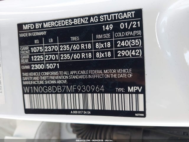 W1N0G8DB7MF930964 Mercedes-Benz Glc 300 Suv