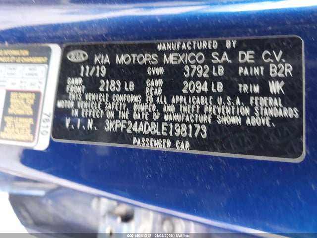 Aukcja sprzedaży 2020 Kia Forte Lxs, vin: 3KPF24AD8LE198173, numer aukcji: 45281312