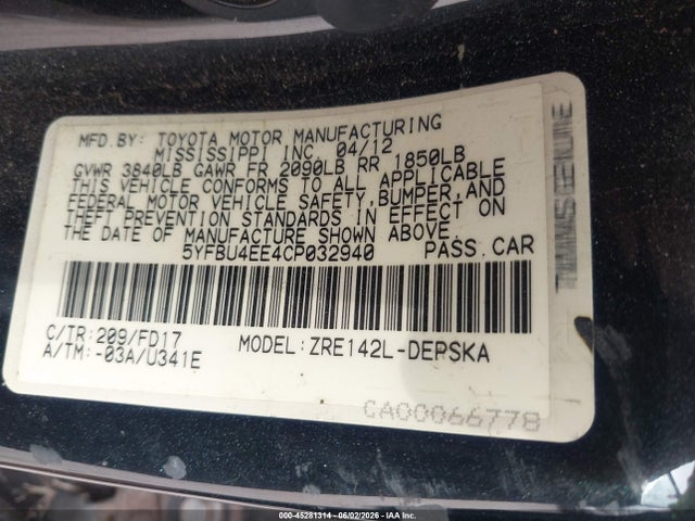 Aukcja sprzedaży 2012 Toyota Corolla S, vin: 5YFBU4EE4CP032940, numer aukcji: 45281314