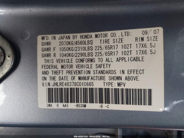 Aukcja sprzedaży 2008 Honda Cr-v Lx, vin: JHLRE48378C010665, numer aukcji: 45281320