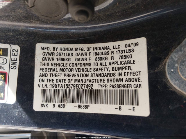 45281321 :رقم المزاد ، 19XFA15579E027492 vin ، 2009 Honda Civic Lx مزاد بيع