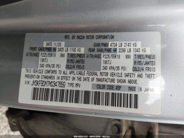 Auction sale of the 2021 Mazda Cx-5 Grand Touring, vin: JM3KFBDM7M0347659, lot number: 45281322