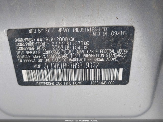 Aukcja sprzedaży 2017 Subaru Wrx, vin: JF1VA1B67H9819322, numer aukcji: 45281326