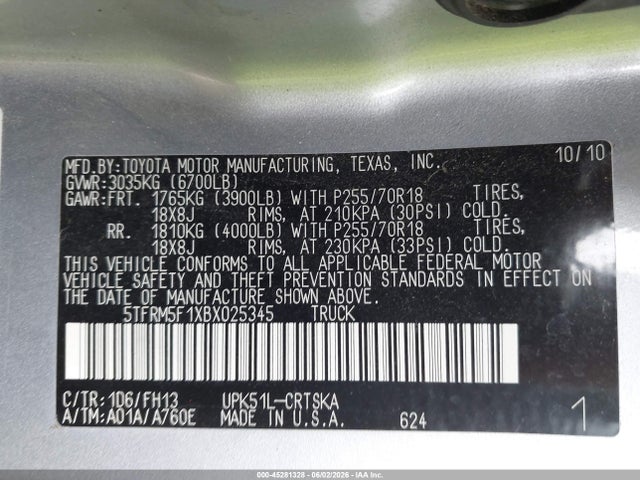 45281328 :رقم المزاد ، 5TFRM5F1XBX025345 vin ، 2011 Toyota Tundra Grade 4.6l V8 مزاد بيع