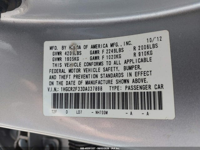 Aukcja sprzedaży 2013 Honda Accord Lx, vin: 1HGCR2F33DA037898, numer aukcji: 45281337