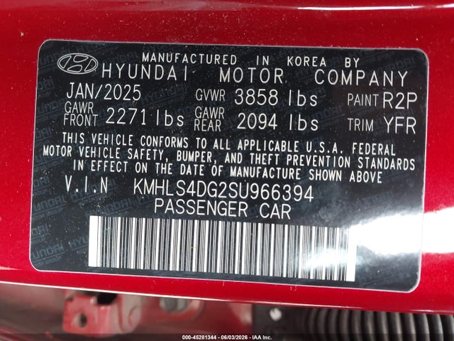 2025 Hyundai Elantra Sel Convenience მანქანა იყიდება აუქციონზე, vin: KMHLS4DG2SU966394, აუქციონის ნომერი: 45281344
