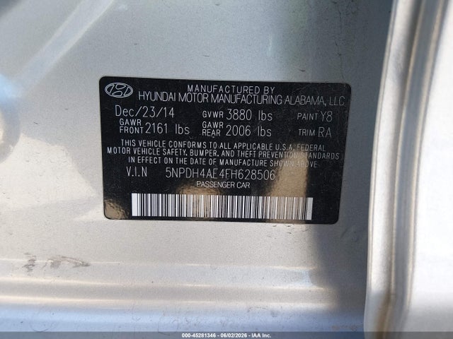 Aukcja sprzedaży 2015 Hyundai Elantra Se, vin: 5NPDH4AE4FH628506, numer aukcji: 45281346