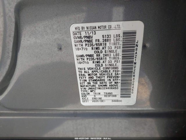 JN8AZ1MU2EW406450 Nissan MURANO S