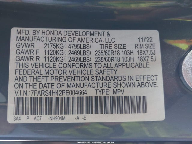 2023 Honda Cr-v Ex მანქანა იყიდება აუქციონზე, vin: 7FARS4H42PE004664, აუქციონის ნომერი: 45281351