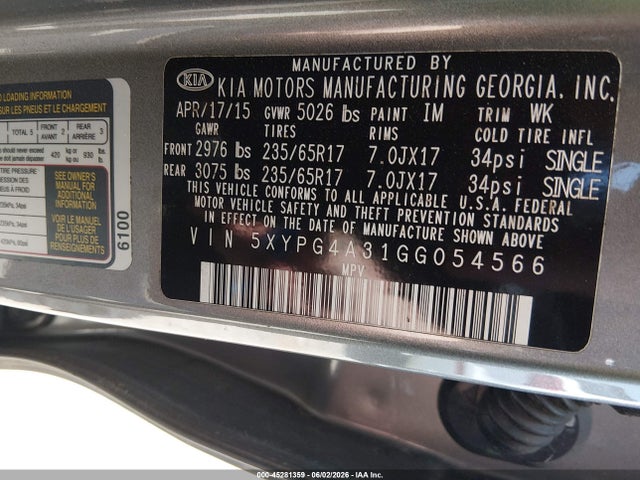 2016 Kia Sorento 2.4l L მანქანა იყიდება აუქციონზე, vin: 5XYPG4A31GG054566, აუქციონის ნომერი: 45281359