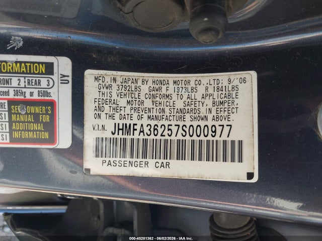 Aukcja sprzedaży 2007 Honda Civic Hybrid, vin: JHMFA36257S000977, numer aukcji: 45281362