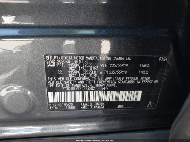45281380 :رقم المزاد ، 2T3C1RFVXRC273202 vin ، 2024 Toyota Rav4 Xle Premium مزاد بيع
