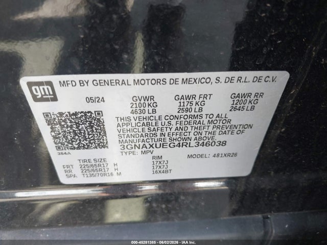 Продажа на аукционе авто 2024 Chevrolet Equinox Awd Lt, vin: 3GNAXUEG4RL346038, номер лота: 45281385