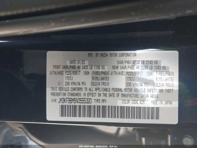 Aukcja sprzedaży 2022 Mazda Cx-5 2.5 S Select, vin: JM3KFBBM5N0555320, numer aukcji: 45281392
