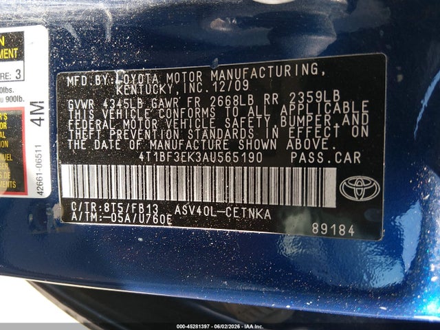 Auction sale of the 2010 Toyota Camry Le, vin: 4T1BF3EK3AU565190, lot number: 45281397