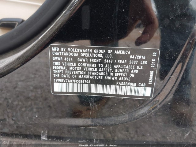 45281405 :رقم المزاد ، 1VWBV7A37FC094703 vin ، 2015 Volkswagen Passat 2.0l Tdi Se مزاد بيع