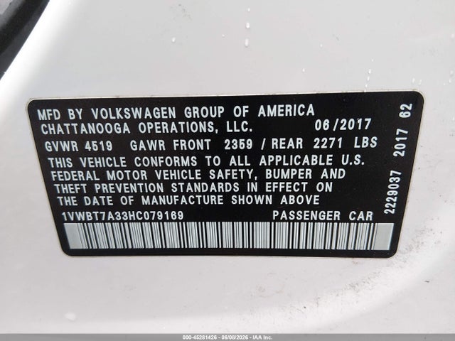 45281426 :رقم المزاد ، 1VWBT7A33HC079169 vin ، 2017 Volkswagen Passat 1.8t Se مزاد بيع