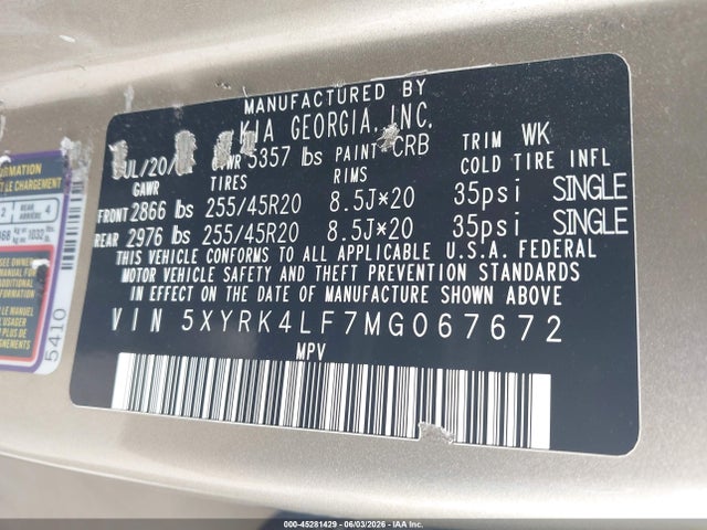 Продаж на аукціоні авто 2021 Kia Sorento Sx, vin: 5XYRK4LF7MG067672, номер лоту: 45281429