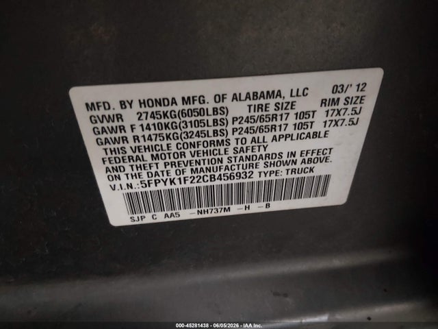 Aukcja sprzedaży 2012 Honda Ridgeline Rt, vin: 5FPYK1F22CB456932, numer aukcji: 45281438