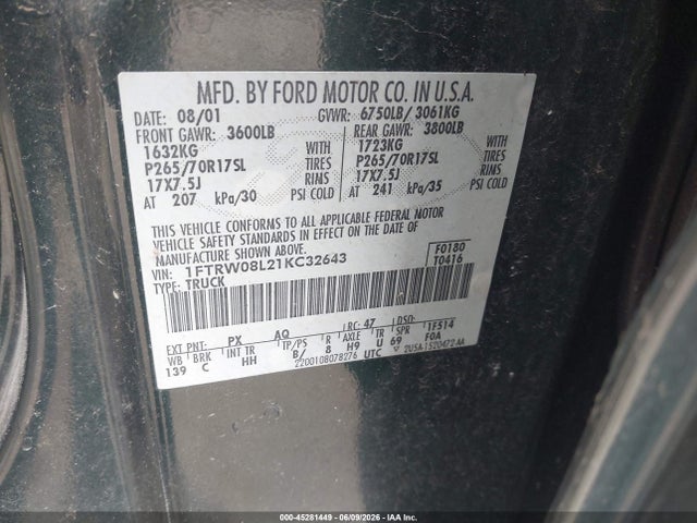 Aukcja sprzedaży 2001 Ford F-150 King Ranch Edition/lariat/xlt, vin: 1FTRW08L21KC32643, numer aukcji: 45281449