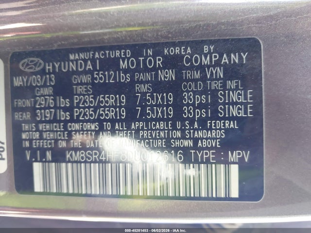 Продаж на аукціоні авто 2013 Hyundai Santa Fe Limited, vin: KM8SR4HF8DU012616, номер лоту: 45281453