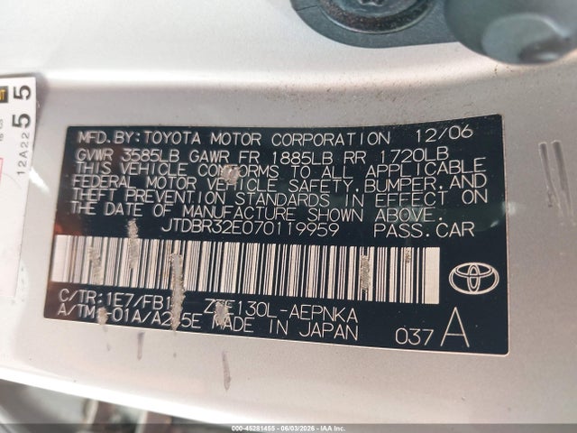 Продаж на аукціоні авто 2007 Toyota Corolla Le, vin: JTDBR32E070119959, номер лоту: 45281455