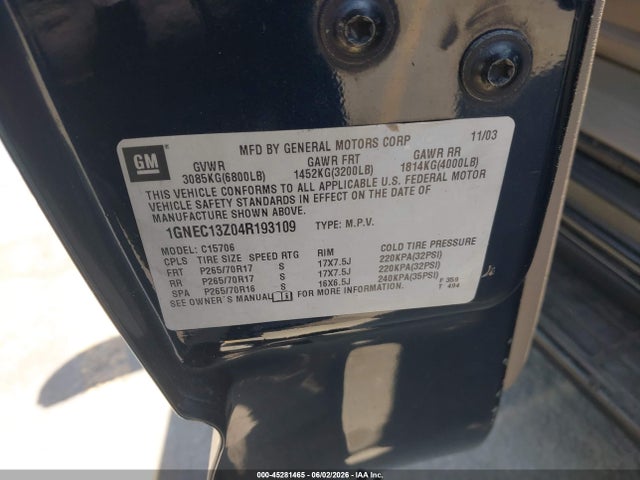45281465 :رقم المزاد ، 1GNEC13Z04R193109 vin ، 2004 Chevrolet Tahoe Lt مزاد بيع