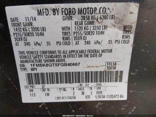 Продажа на аукционе авто 2015 Ford Explorer Sport, vin: 1FM5K8GT5FGB40667, номер лота: 45281472