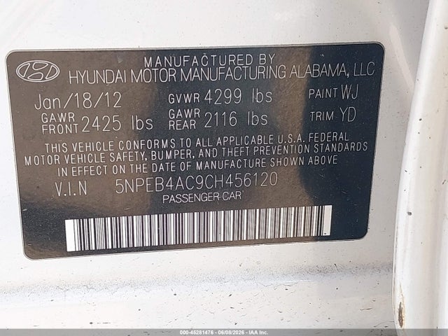 2012 Hyundai Sonata Gls მანქანა იყიდება აუქციონზე, vin: 5NPEB4AC9CH456120, აუქციონის ნომერი: 45281476