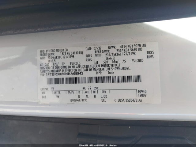 Aukcja sprzedaży 2022 Ford Transit-250 Cargo Van, vin: 1FTBR3X80NKA69942, numer aukcji: 45281479