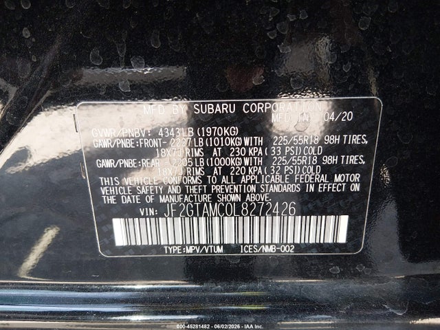 2020 Subaru Crosstrek Limited მანქანა იყიდება აუქციონზე, vin: JF2GTAMC0L8272426, აუქციონის ნომერი: 45281482