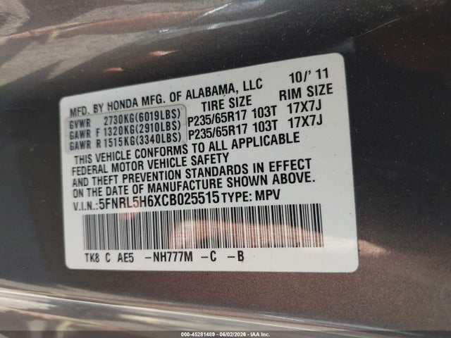 Aukcja sprzedaży 2012 Honda Odyssey Ex-l, vin: 5FNRL5H6XCB025515, numer aukcji: 45281489