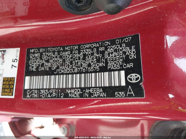 2007 Toyota Prius მანქანა იყიდება აუქციონზე, vin: JTDKB20U877615575, აუქციონის ნომერი: 45281510