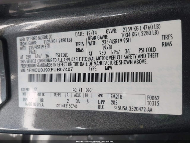 Aukcja sprzedaży 2015 Ford Escape Titanium, vin: 1FMCU0J9XFUB07407, numer aukcji: 45281519